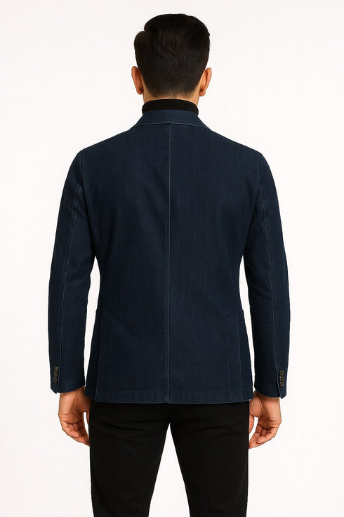 Mens Dark Blue Denim Casual Blazer with Notch Lapel and Single Button Closure