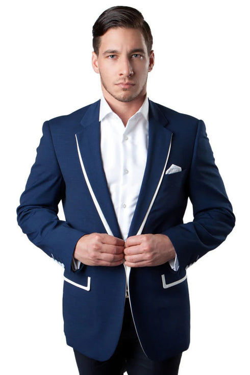 Mens one button summer dark blue white trim blazer