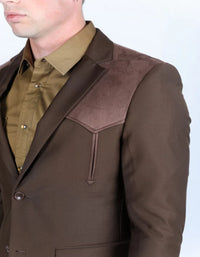 Men's Dark Brown Western Suit Sport Coat with Suede Yokes and Elbow Patches