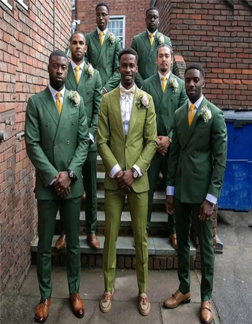 Dark Green Double Breasted Slim Fit Peaked Lapel Wedding Groomsmen Suit