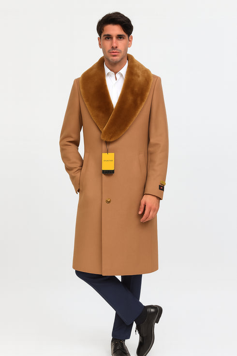 Mens Full Length And Cashmere Overcoat - Winter Topcoats - Light Brown Coat - Dark Camel - Vecuna Color