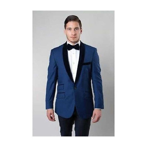 Deep Blue One Button Satin Shawl Collar Slim Fit Blazer