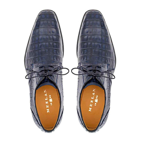 Golfo Derby Blue Plain Toe Crocodile Shoes By Mezlan Made In Spain Brand