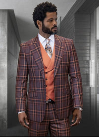 Statement Confidence Designer Suit - Copper - Orange - Super 150's Wool Suit 1 Button Peak Lapel Double Breasted Vest Rust Color Perfect Fro Church