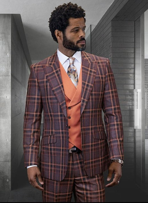 Statement Confidence Designer Suit - Copper - Orange - Super 150's Wool Suit 1 Button Peak Lapel Double Breasted Vest Rust Color Perfect Fro Church