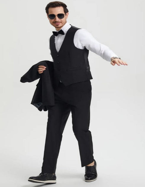 Black Tuxedo - Mens Wedding Suit Vested One Button - Black Prom Suit