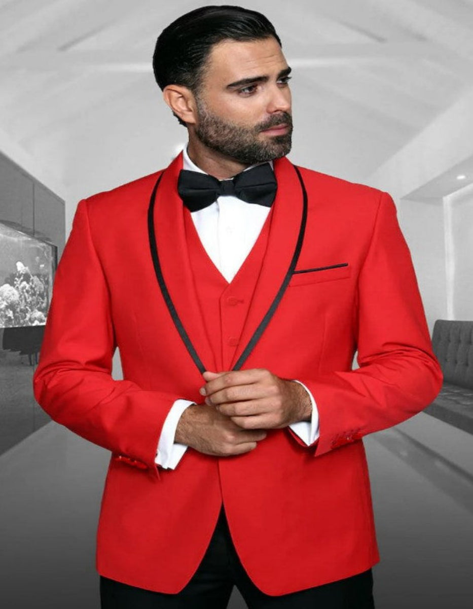 Men’s Formal Charcoal Tuxedo – Vested Satin Trim Shawl Collar Suit