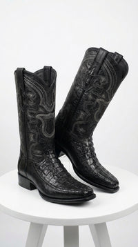 Men’s Black Caiman Crocodile and Deer Leather European Toe Boots, LAB-76F0105 Western Dress Boots