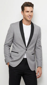 Men’s Light Grey Dinner Jacket with Black Shawl Lapel, Formal Tuxedo Evening Blazer