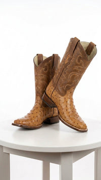 Men’s Los Altos Brown Ostrich Skin Wide Square Toe Boots, Exotic Western Cowboy Dress Boots