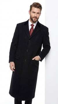 Men’s Black Chesterfield Overcoat, Full Length Wool and Cashmere Dress Coat