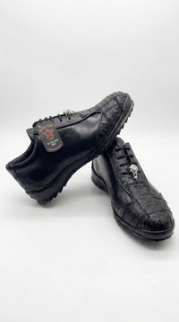 Los Altos Men’s Black Ostrich Leg Lace-Up Sneakers – Exotic Leather Casual Shoes
