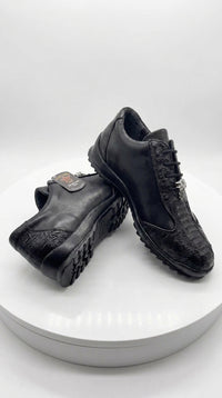 Los Altos Men’s Black Ostrich Leg Lace-Up Sneakers – Exotic Leather Casual Shoes