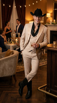 Mens Light Beige Western 3-Piece Suit – Cowboy Tuxedo with Shawl Lapel