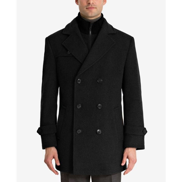Men's double breasted wool blend peacoat with bib outlet
