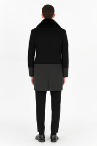 Men’s Double-Breasted Wool Overcoat with Faux Fur Shawl Collar – Classic Winter Dress Coat in Half Black and Charcoal