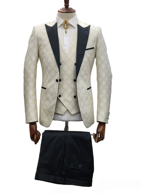Ivory Tuxedo - Cream Wedding Suit - Off White Groom Peak Lapel Suit
