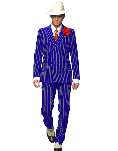 Mens Double Breasted Gangster Six Button Suit in Black/Black and Red Pinstripe