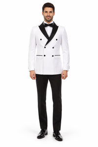 Double Breasted Slim Fit Tuxedo White with Black Satin Peak Lapel