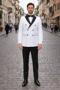 Double Breasted Slim Fit Tuxedo White with Black Satin Peak Lapel