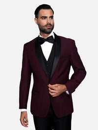 Statement Men's Burgundy With Black Lapel Vested 100% Wool Tuxedo