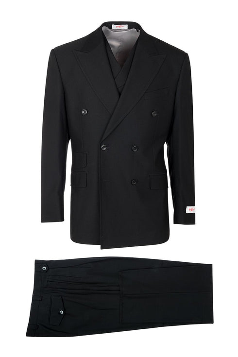 Tiglio Italian Suit - Real Wool Fabric Super 150's EST Black, Double Breast Wide Leg Suit & Vest in Color Black