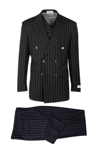 Tiglio Italian Suit - Real Wool Fabric Super 150's EST Pinstripe, Wide Leg Suit & Vest in Color Black