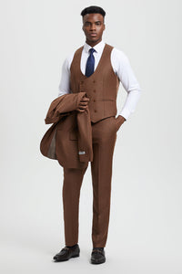 Men's Two Button Vested Stacy Adams Designer Sharkskin Suit in Cognac