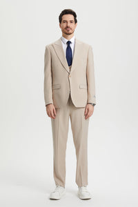 Men's Vested One Button Peak Lapel Stacy Adams Designer Suit in Tan