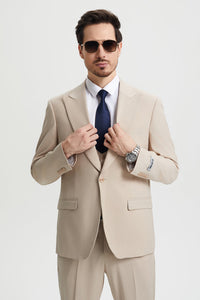 Men's Vested One Button Peak Lapel Stacy Adams Designer Suit in Tan