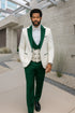 Hilton White and Hunter Green Paisley Peak Lapel Tuxedo Jacket with Matching Shawl Vest and Wool Pants – Includes Bow Tie