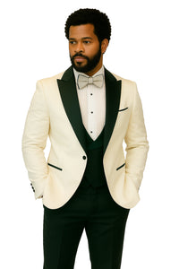 Hilton White and Black Paisley Peak Lapel Tuxedo Jacket with Matching Shawl Vest and Wool Pants – Includes Bow Tie