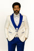 Hilton White and Royal Blue Paisley Peak Lapel Tuxedo Jacket with Matching Shawl Vest and Wool Pants – Includes Bow Tie