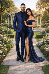 Mens Prom Tuxedo Paisley Suit - Wedding Floral Suit- Midnight - Royal - Navy Blue Wedding Jacket + Vest + Pants
