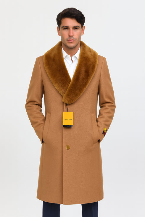 Mens Full Length And Cashmere Overcoat - Winter Topcoats - Light Brown Coat - Dark Camel - Vecuna Color