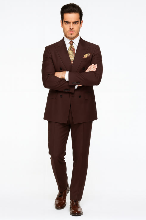 Double Breasted Suits - Vested Suits Wool Fabric - Apolo King Brand - Solid Brown Suit