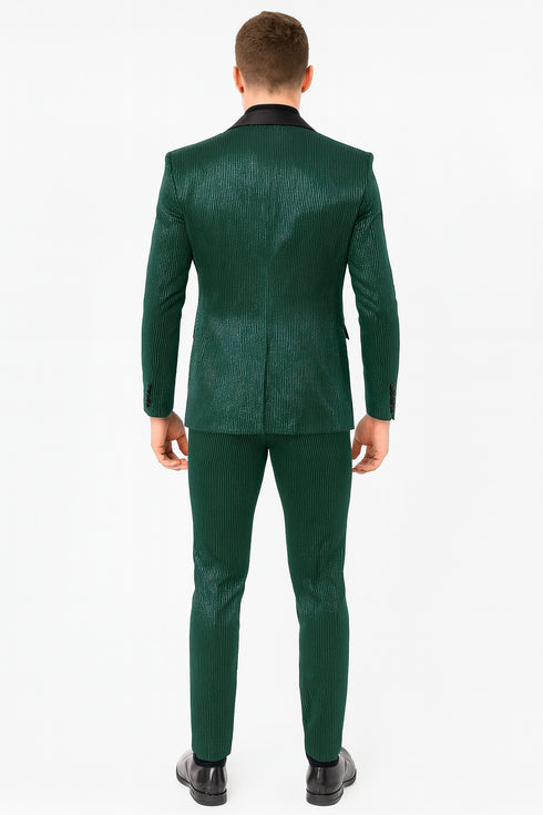 Mens Emerald Green Shiny Stripe Tuxedo Suit – Slim Fit 2-Piece Satin Lapel Dinner Jacket and Pants Ultra slim fit