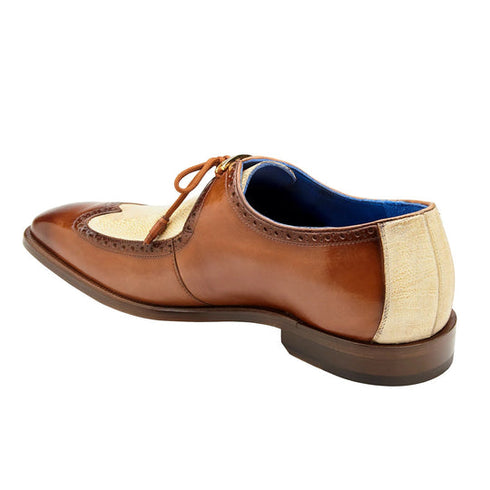 Men's Belvedere Etore Hand Painted Calf & Ostrich Leg Wingtip Dress Shoe in Camel & Bone