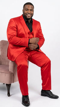 Men’s Red 3 Piece Slim Fit Shiny Satin Suit, Formal Wedding Prom Party Dress Suit