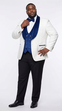 Marco Lorenzo Premium White Paisley 4 Piece Suit with Royal Blue Velvet Shawl Lapel and Matching Bow Tie