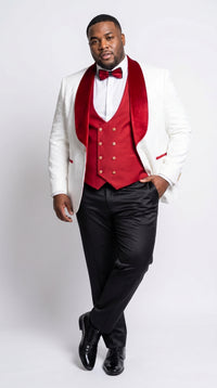 Marco Lorenzo Premium White Paisley 4 Piece Suit with Red Velvet Shawl Lapel and Matching Bow Tie