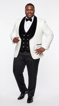 Marco Lorenzo Premium White Paisley 4 Piece Suit with Black Velvet Shawl Lapel and Matching Bow Tie