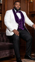 Marco Lorenzo Premium White Paisley 4 Piece Suit with Purple Velvet Shawl Lapel and Matching Bow Tie
