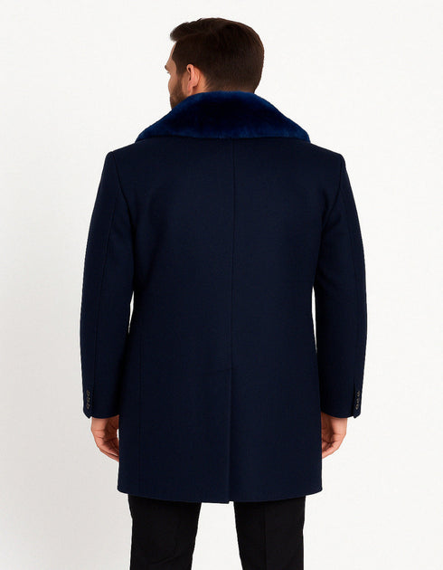 Mens Navy Wool Overcoat with Royal Blue Faux Fur Shawl Collar Cashmere Carcoat