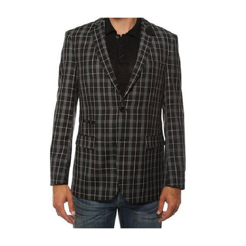 Ferrecci Mens two Button Plaid Slim Fit Black Blazer Dinner Jacket