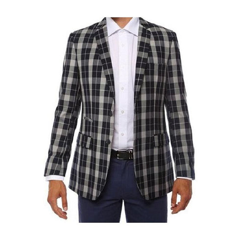 Ferrecci Mens two Button Plaid Slim Fit Navy Blazer Dinner Jacket