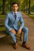 Mens Light Blue Double-Breasted Suit with Gold Buttons – Slim Fit 2-Piece Formal Set in Sky Blue Color