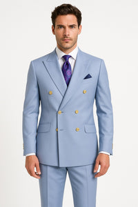 Mens Light Blue Double-Breasted Suit with Gold Buttons – Slim Fit 2-Piece Formal Set in Sky Blue Color