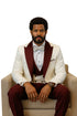 Hilton White and Burgundy Paisley Peak Lapel Tuxedo Jacket with Matching Shawl Vest and Wool Pants – Includes Bow Tie