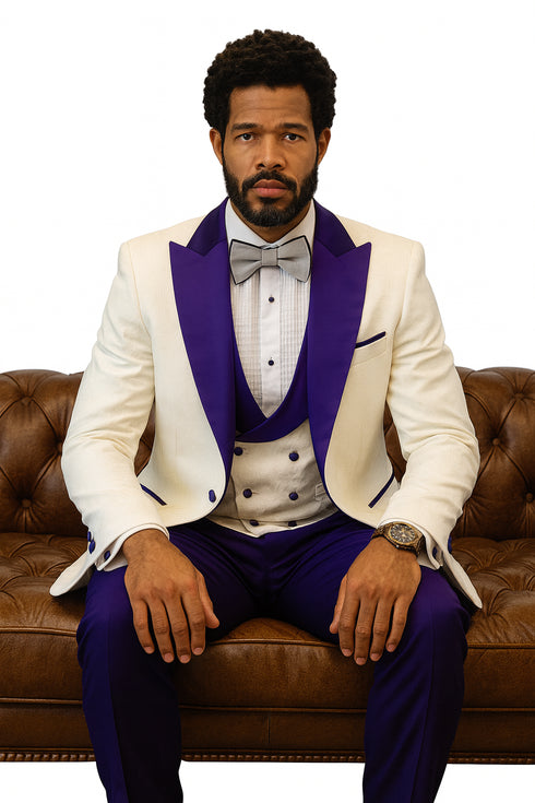 Hilton White and Purple Paisley Peak Lapel Tuxedo Jacket with Matching Shawl Vest and Wool Pants – Includes Bow Tie